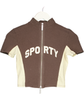Bo + Tee Brown Cotton Jersey Colourblock Zip-up Crop Top UK XS