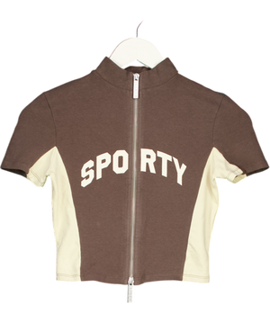 Bo + Tee Brown Cotton Jersey Colourblock Zip-up Crop Top UK XS