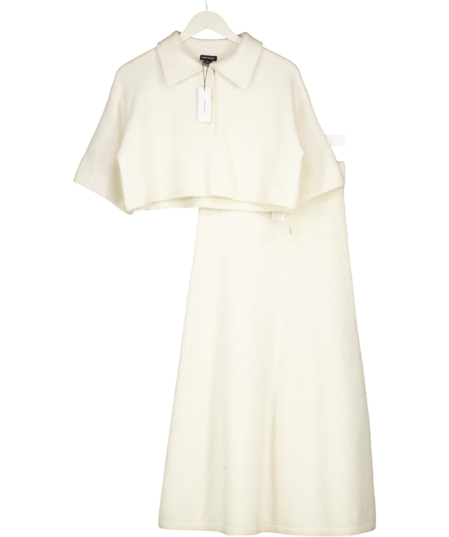 Karen Millen Cream 2-piece Alpaca Wool Fluffy Knit Polo Top And Midi Skirt Set UK S