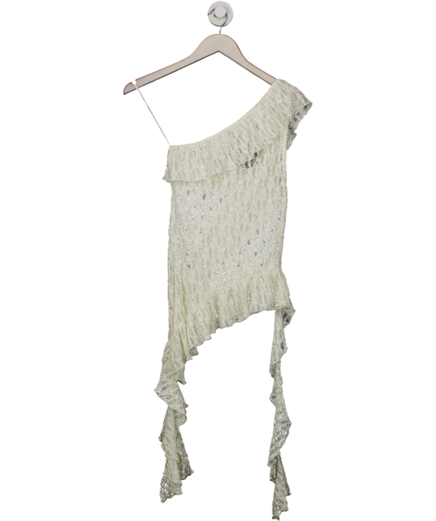 ZARA White Semi Sheer Asymmetric Ruffled Lace Top UK S