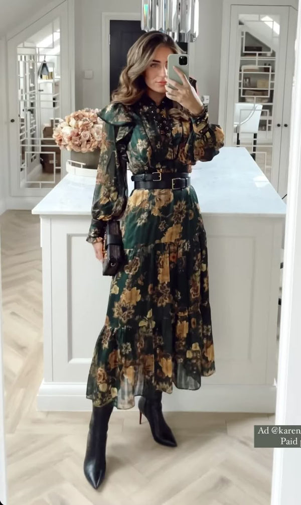 KAREN MILLEN Green Floral Woven Lace Up Midi Dress UK 12