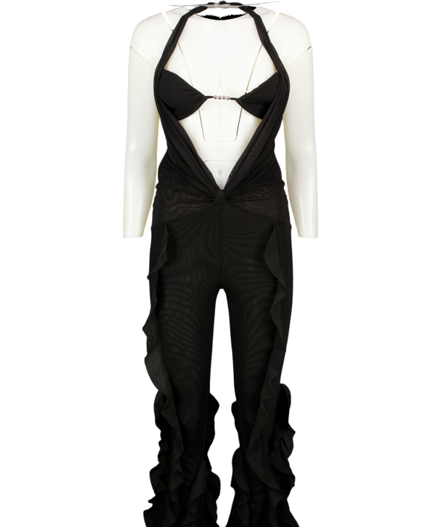THE KRIPT Black Mesh Frill Detail Cut Out Jumpsuit UK S
