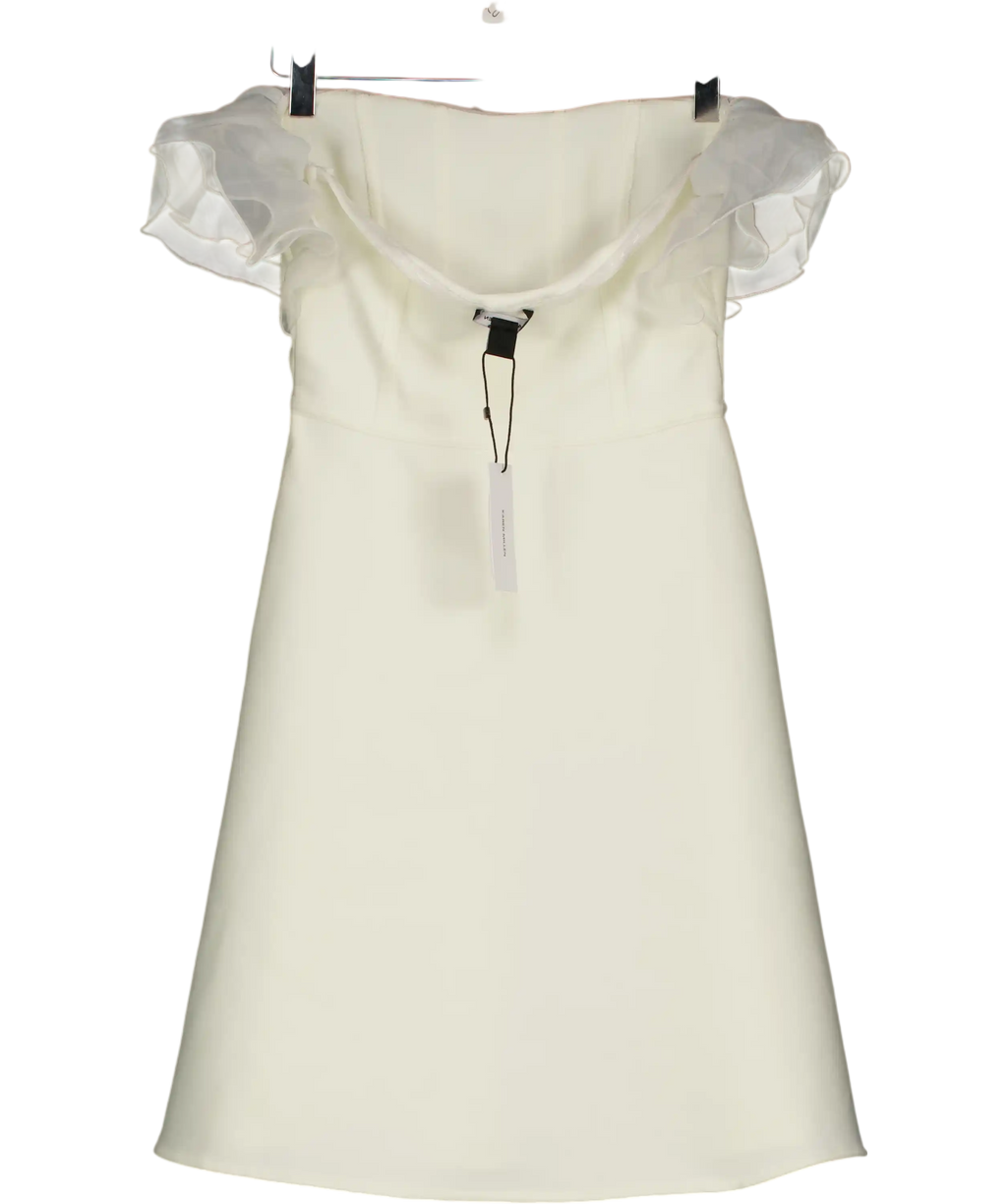 KAREN MILLEN Cream Figure Form Bandage Knit Organza Frill Detail Mini Dress UK XS