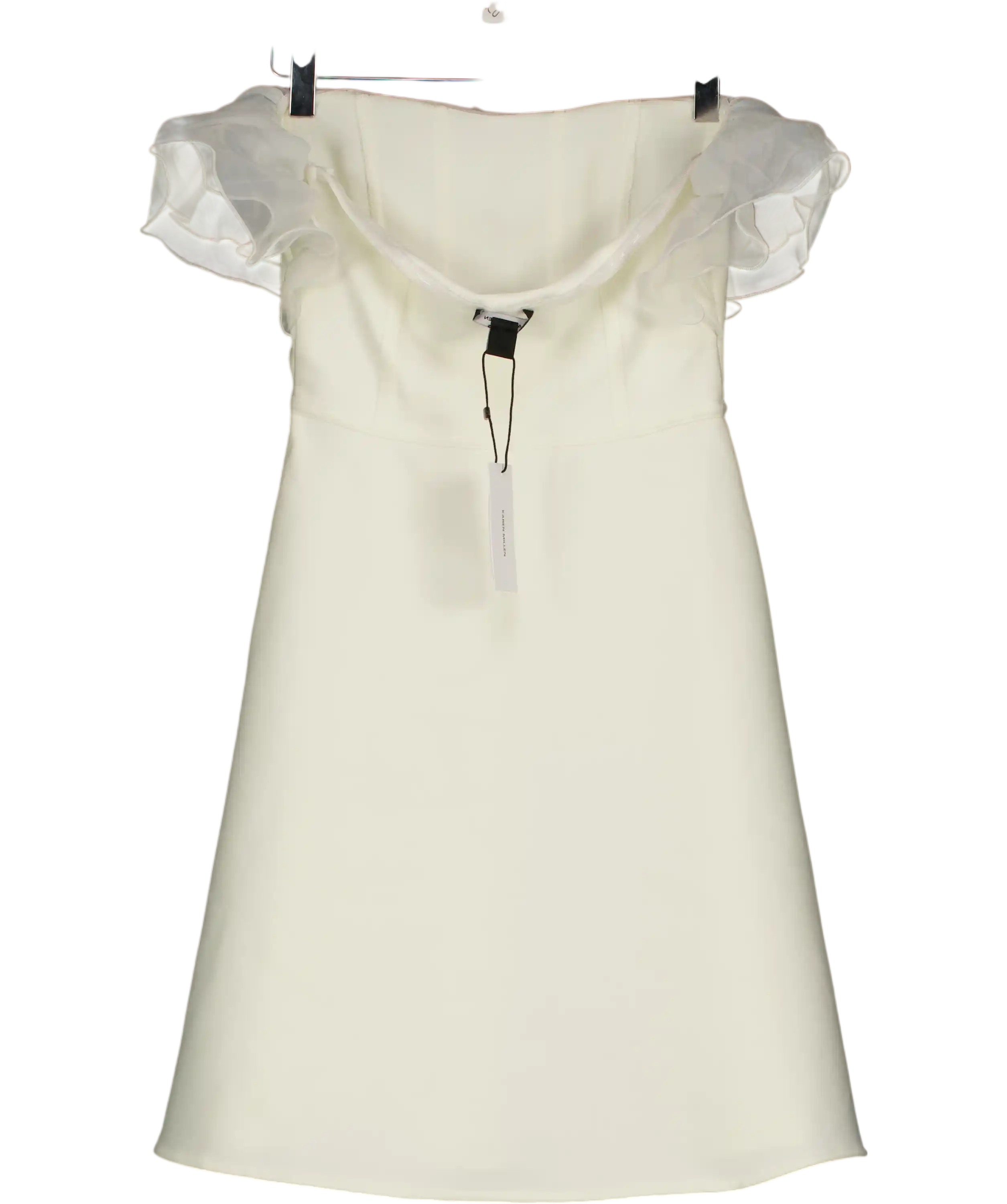 KAREN MILLEN Cream Figure Form Bandage Knit Organza Frill Detail Mini Dress UK XS