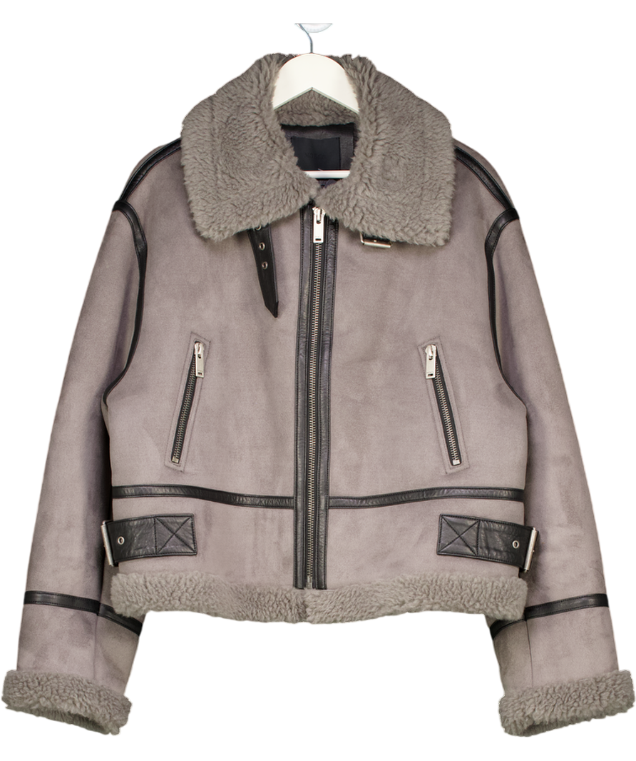 MO&Co. Grey Suede Textured Faux Shearling Jacket UK L