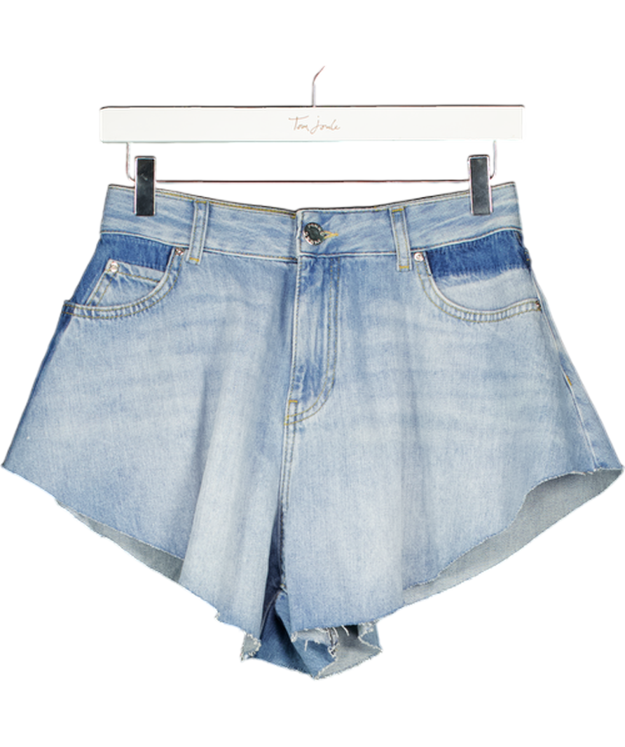 PINKO Blue Denim A-line Crystal Embellished Logo Shorts W26