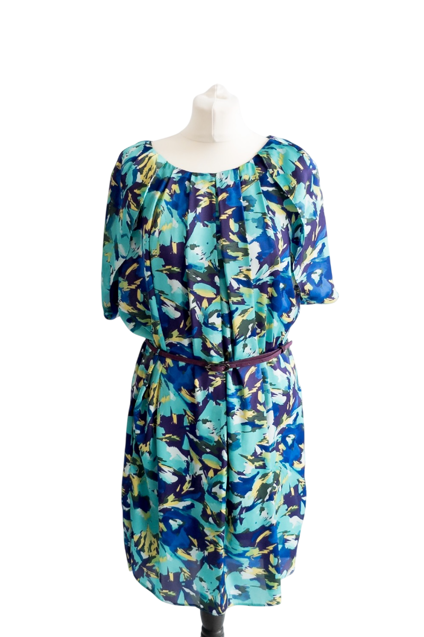 Ossie Clark Blue Scoop Neck Pleated Mini Dress UK 14