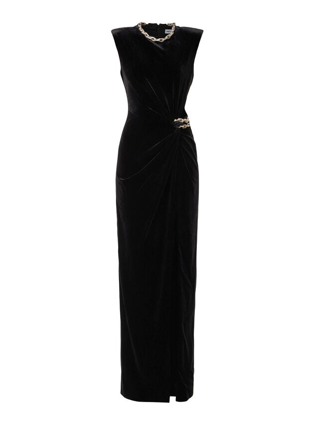 Self-Portrait Black Velvet Embellished Chain Maxi Dress UK 8