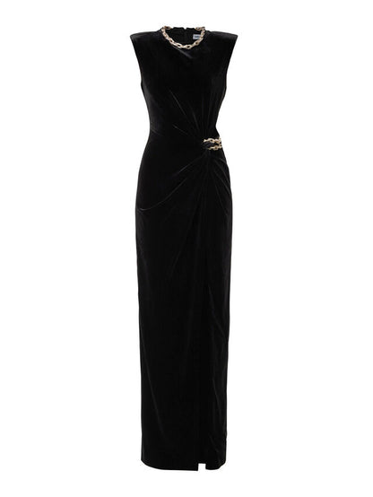 Self-Portrait Black Velvet Embellished Chain Maxi Dress UK 8