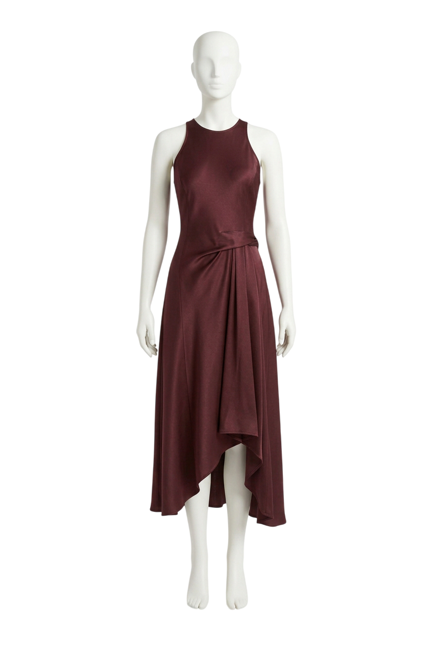 REISS Burgundy Micah Satin Drape Tuck Midi Dress UK 8