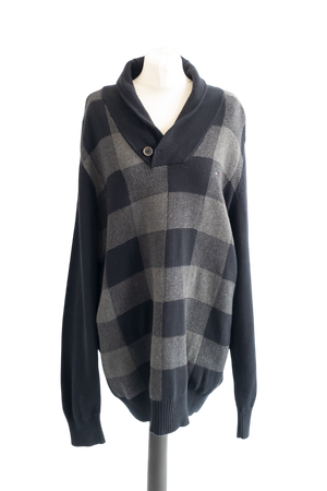 Tommy Hilfiger Black Checkered Shawl Collar Flag logo Sweater UK XXL