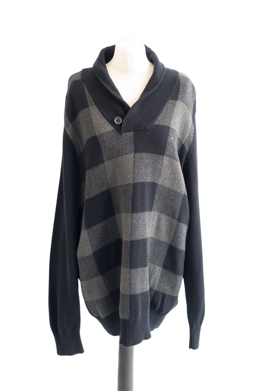 Tommy Hilfiger Black Checkered Shawl Collar Flag logo Sweater UK XXL