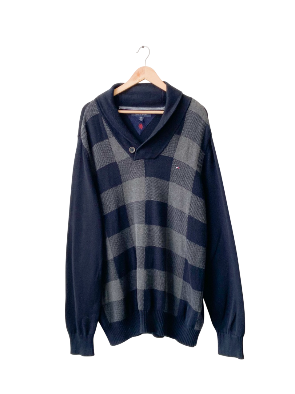 Tommy Hilfiger Black Checkered Shawl Collar Flag logo Sweater UK XXL