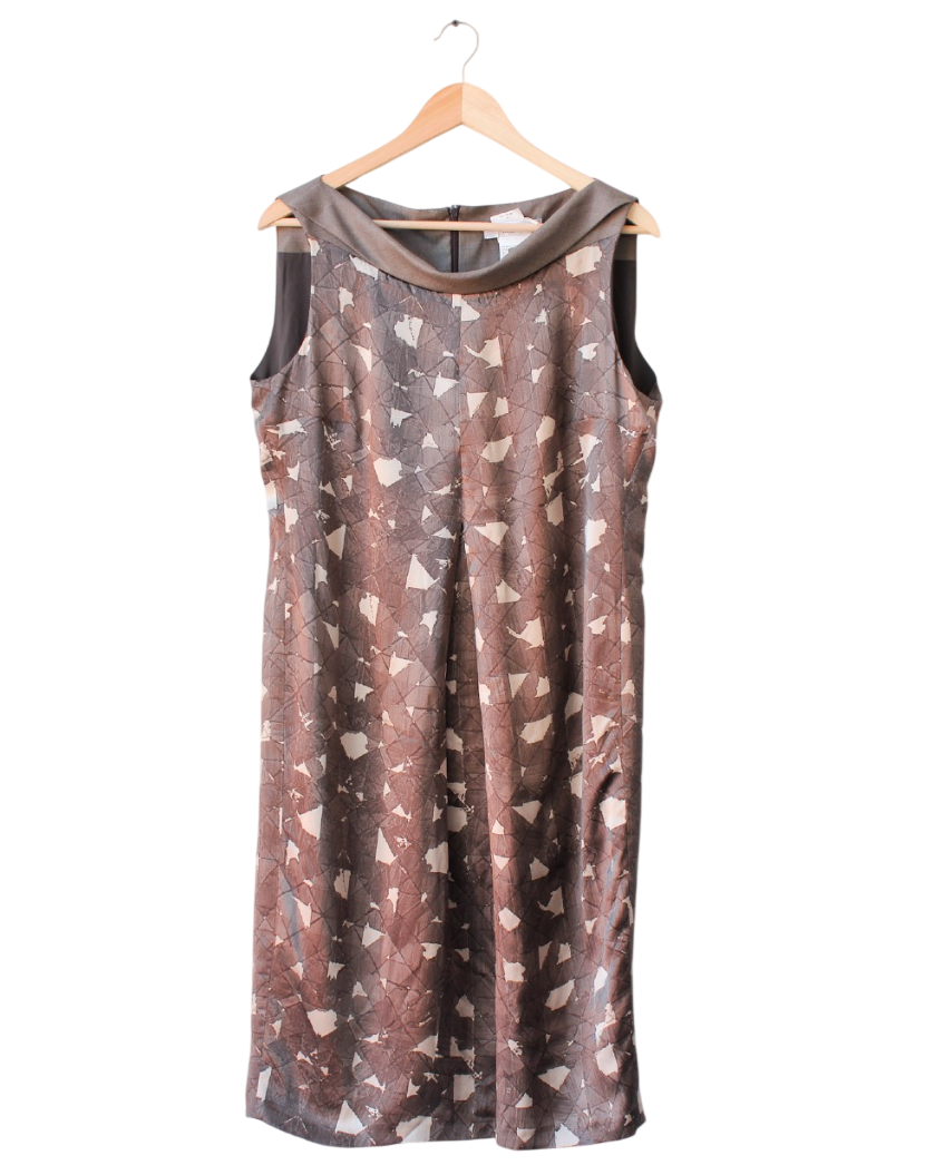 Max Mara Brown Printed Silk Shift Dress UK 16