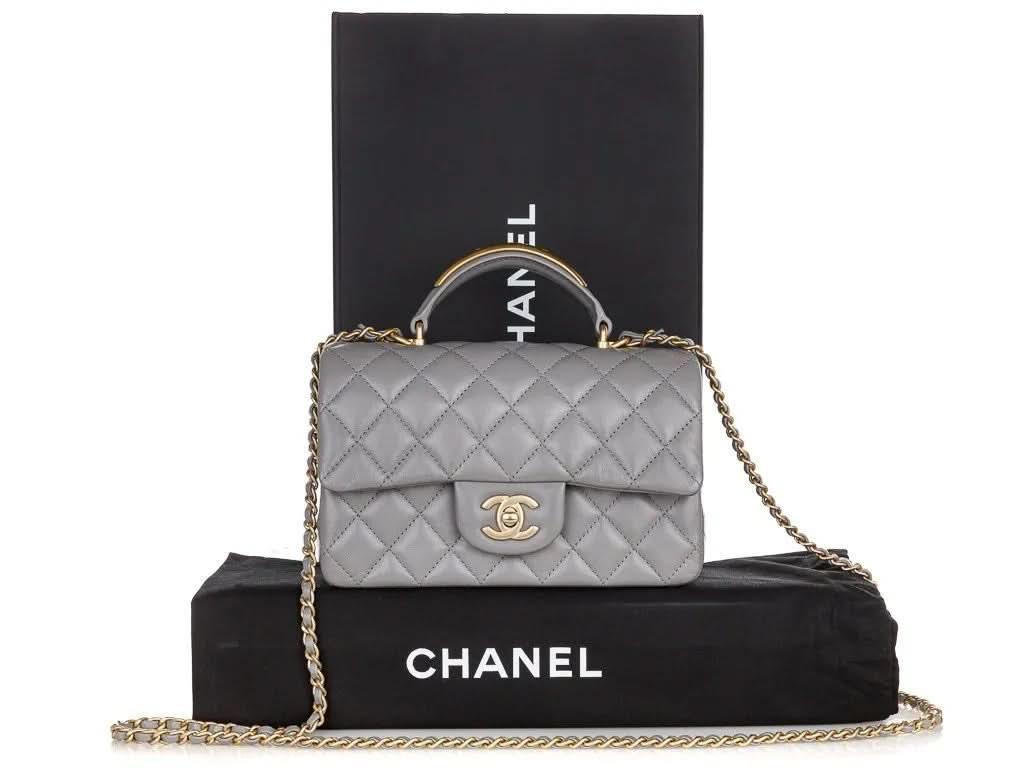 CHANEL 22B Grey quilted Lambskin / Antique Gold Metal Logo Top Handle Mini Flap Bag