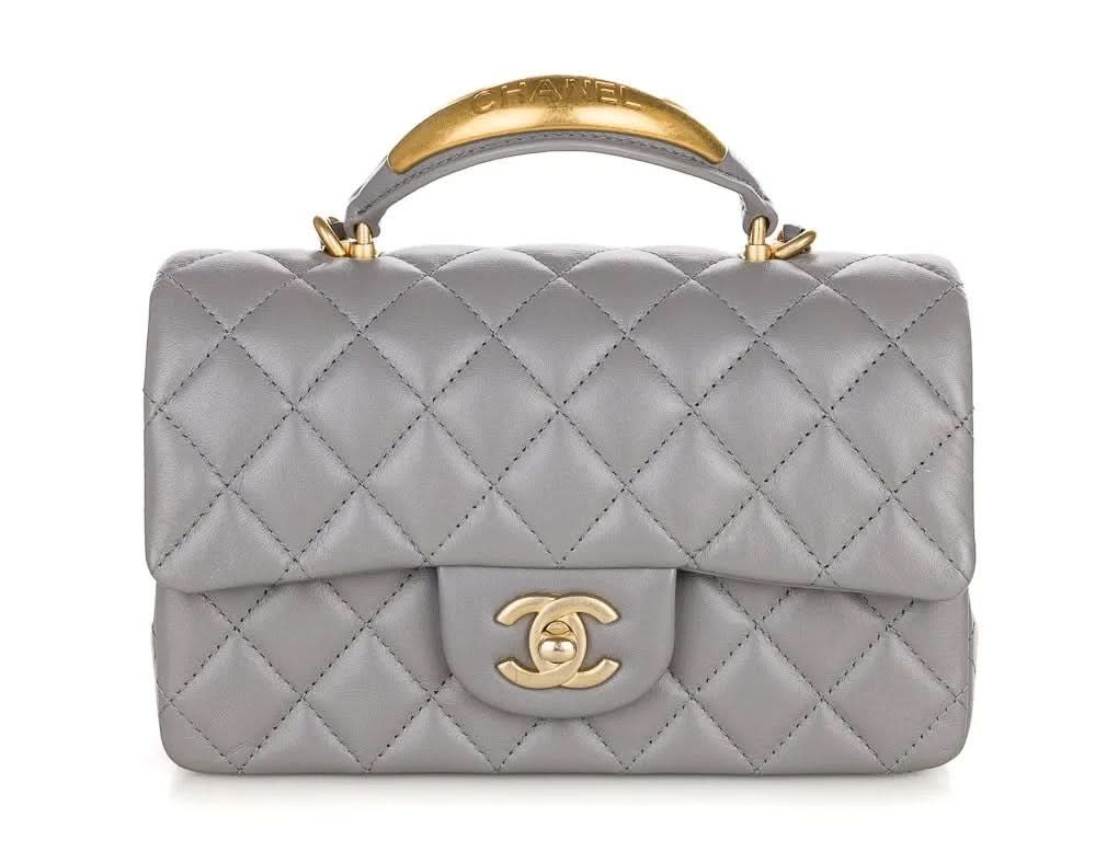 CHANEL 22B Grey quilted Lambskin / Antique Gold Metal Logo Top Handle Mini Flap Bag