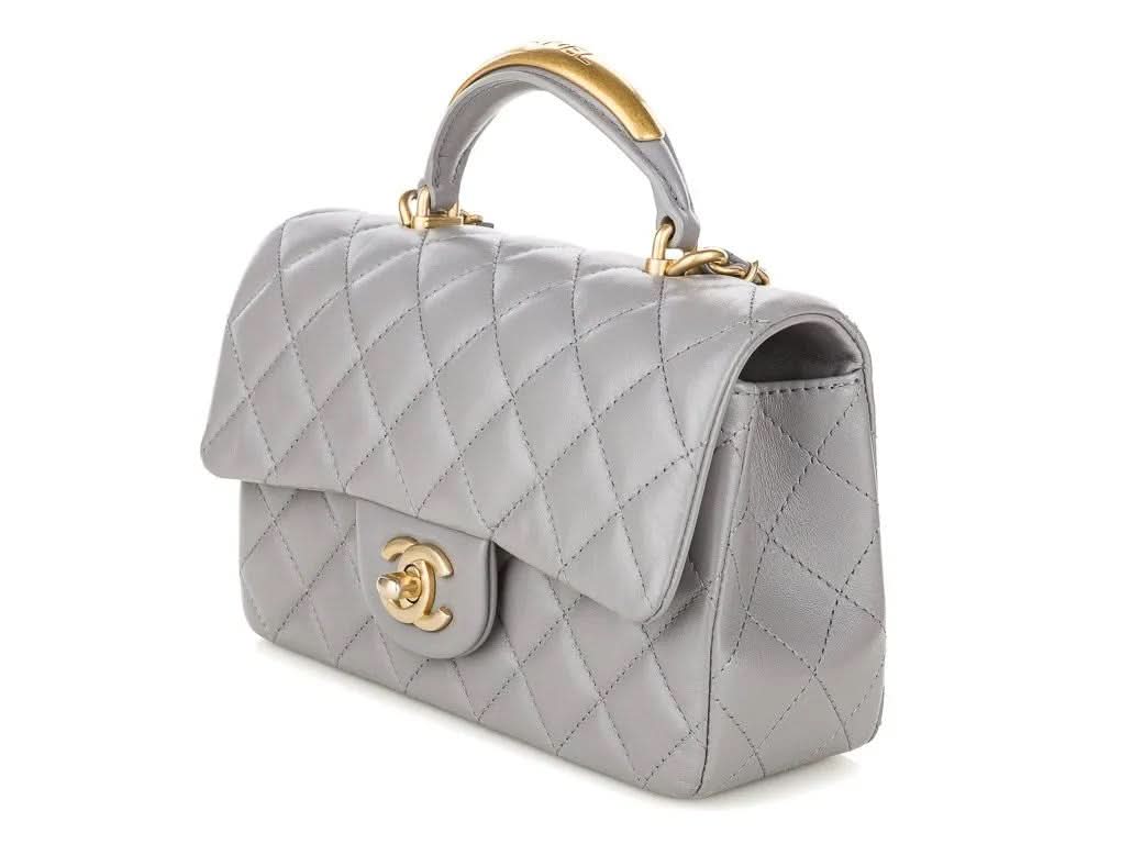 CHANEL 22B Grey quilted Lambskin / Antique Gold Metal Logo Top Handle Mini Flap Bag