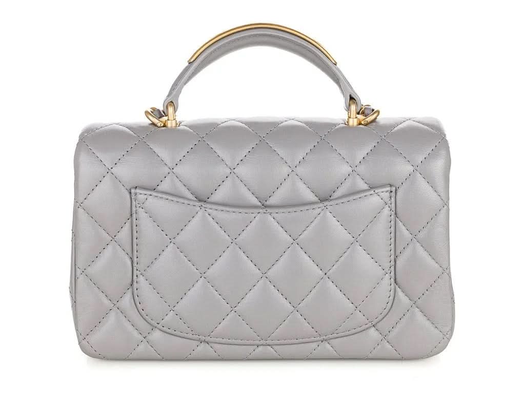 CHANEL 22B Grey quilted Lambskin / Antique Gold Metal Logo Top Handle Mini Flap Bag