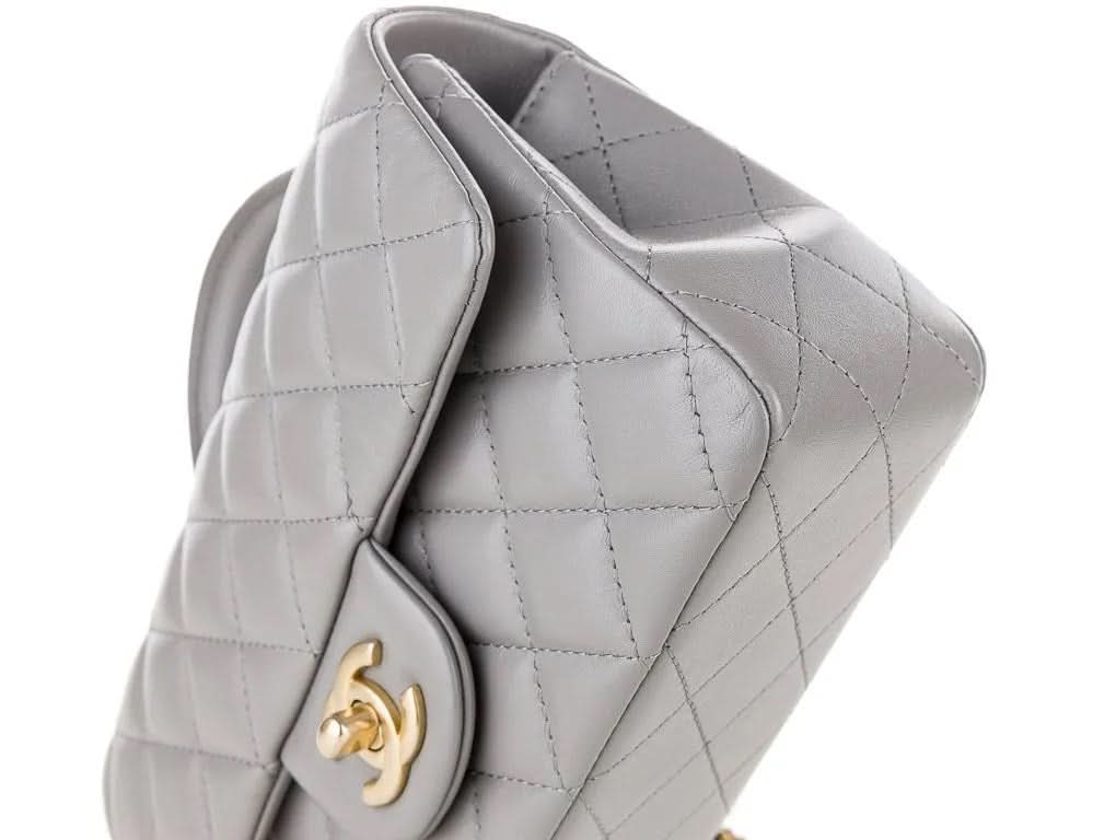 CHANEL 22B Grey quilted Lambskin / Antique Gold Metal Logo Top Handle Mini Flap Bag