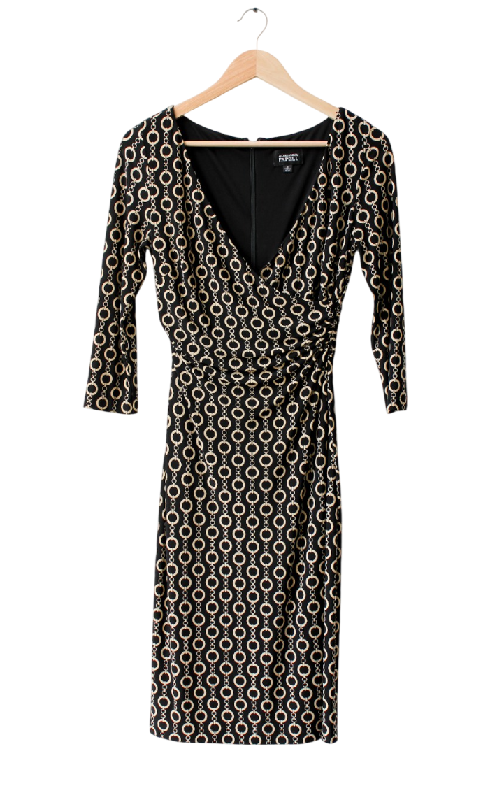 Adrianna Papell Black Chain Print Wrap Dress UK 8