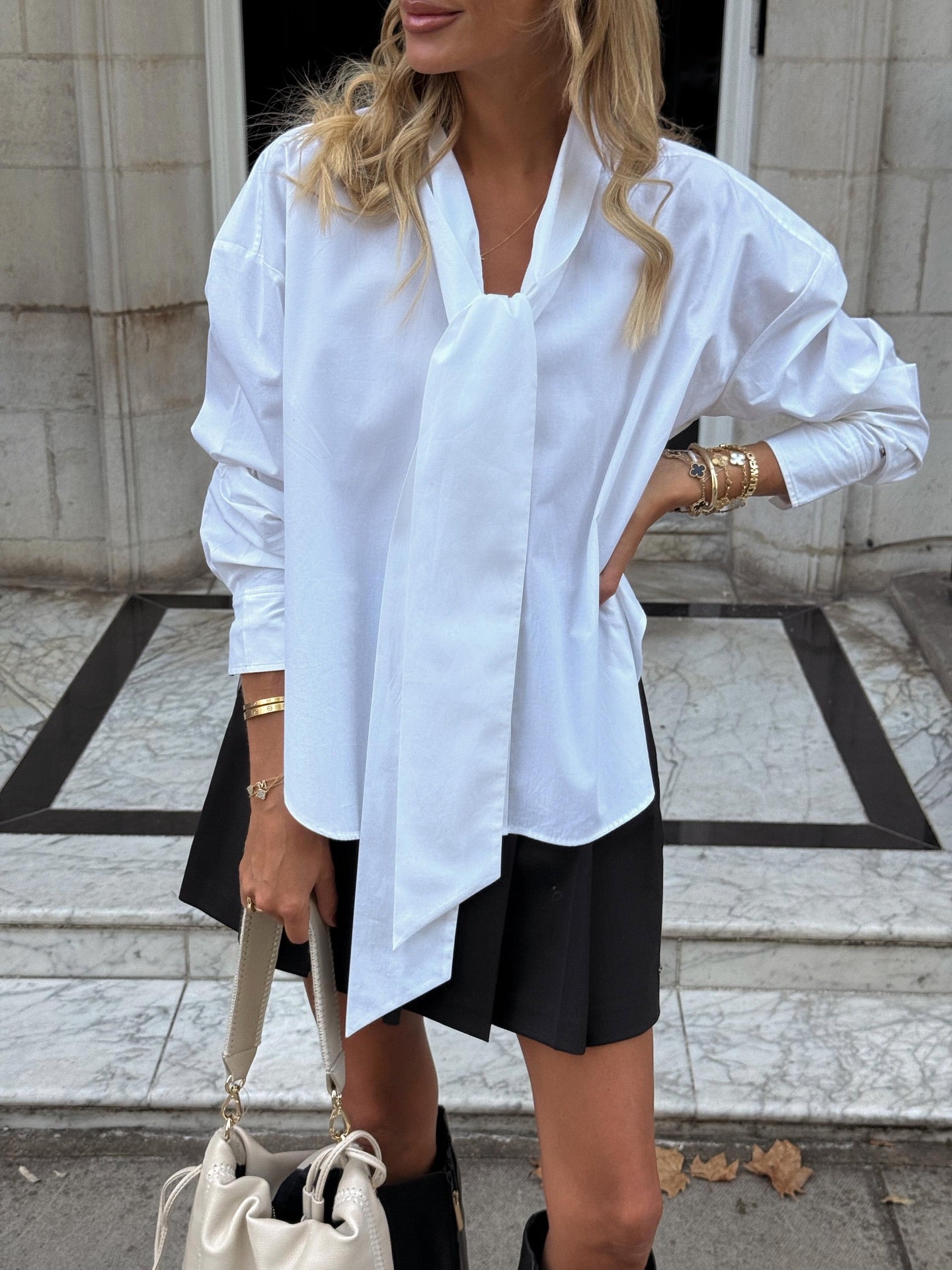 Tommy Hilfiger White Poplin Tie Neck Oversized Fit Shirt UK 6