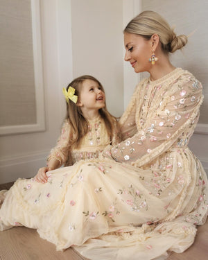 NEEDLE & THREAD KIDS Yellow Embellished Wall Flower Dress 3 Years