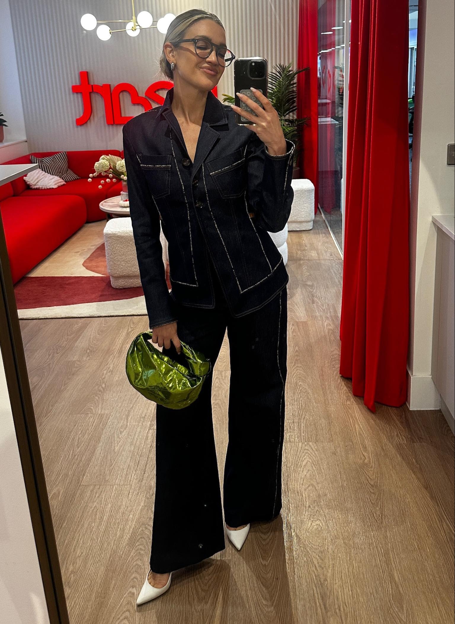 Karen Millen Blue Tailored Denim Belted Single Breasted Blazer & Flared Jeans Set UK 6