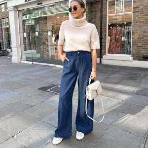NEXT Blue Pleated Front Wide Leg Lightweight Jeans UK 8