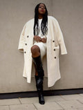 M&S Cream Borg Collarless Double Breasted Longline Coat UK L