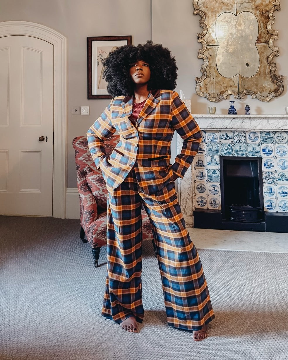 MONSOON X Sarah Corbett-winder 2-piece Yellow  Tartan Blazer & Wide Leg Trouser Suit UK 16