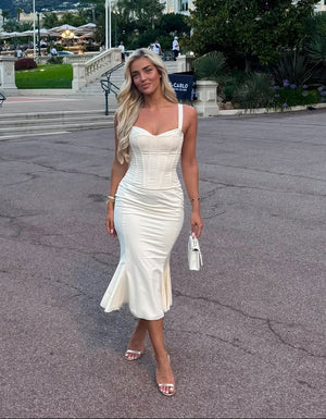 Oh Polly Cream Fishtail Satin Corset Midi Dress UK 8