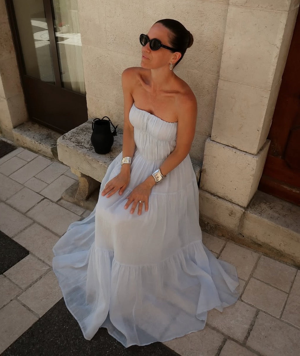 DISSH Pale Blue Artie Cornflower Strapless Ramie Midi Dress UK 6