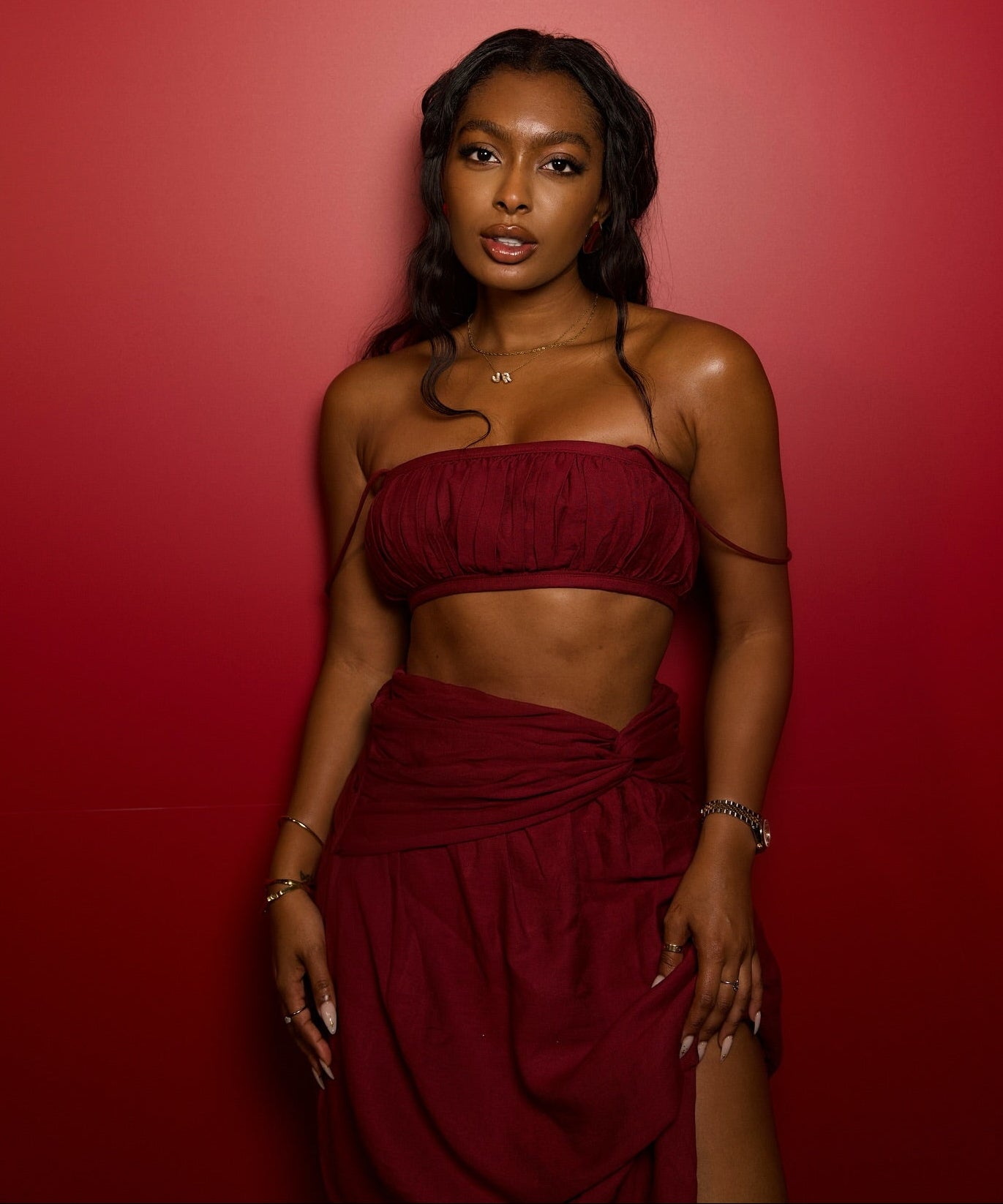 MESHKI 2-piece Dark Red Shirred Linen Bandeau And Knot Front Maxi Skirt Set UK XS