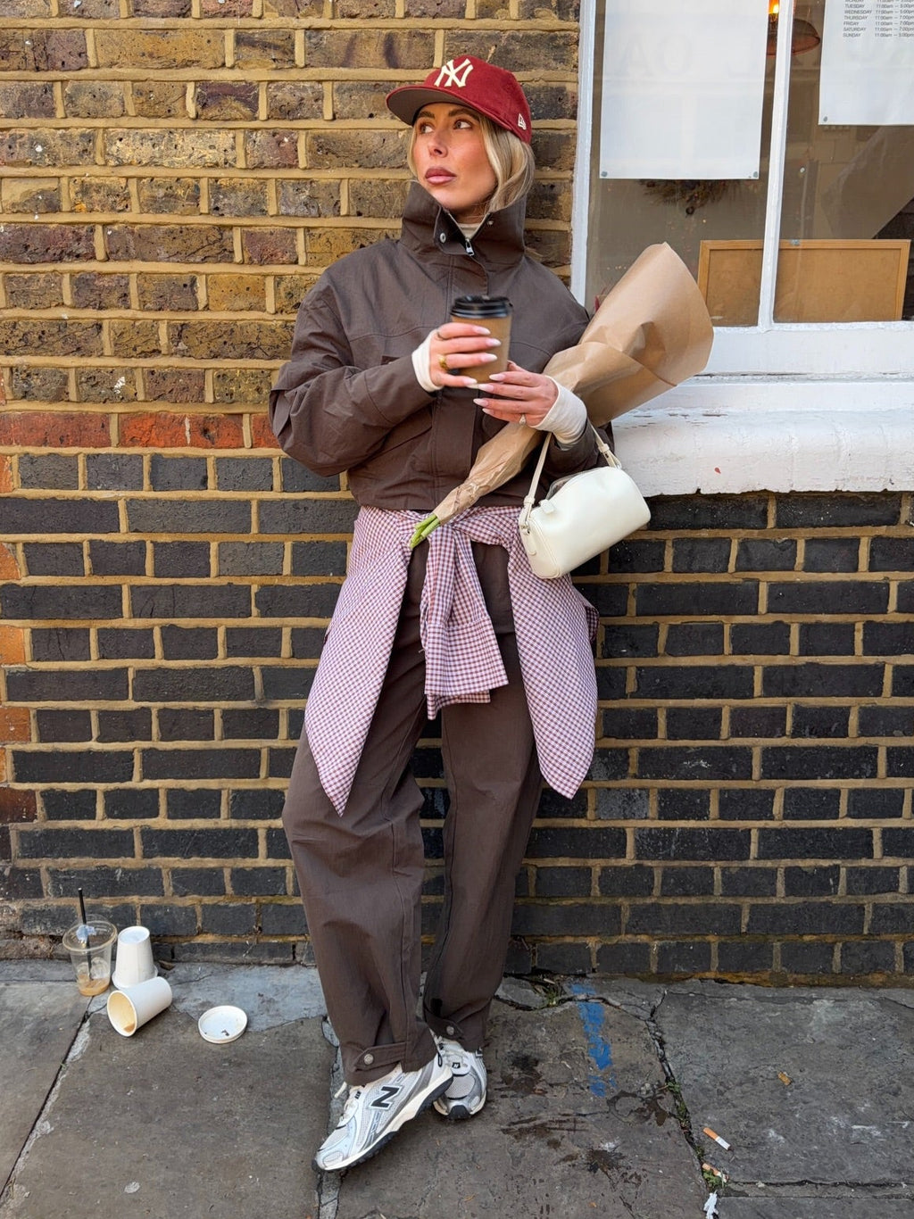 THE COUTURE CLUB Brown 2-piece Funnel Neck Shell Jacket (UK 8) And Barrel Leg Trousers Set UK 6