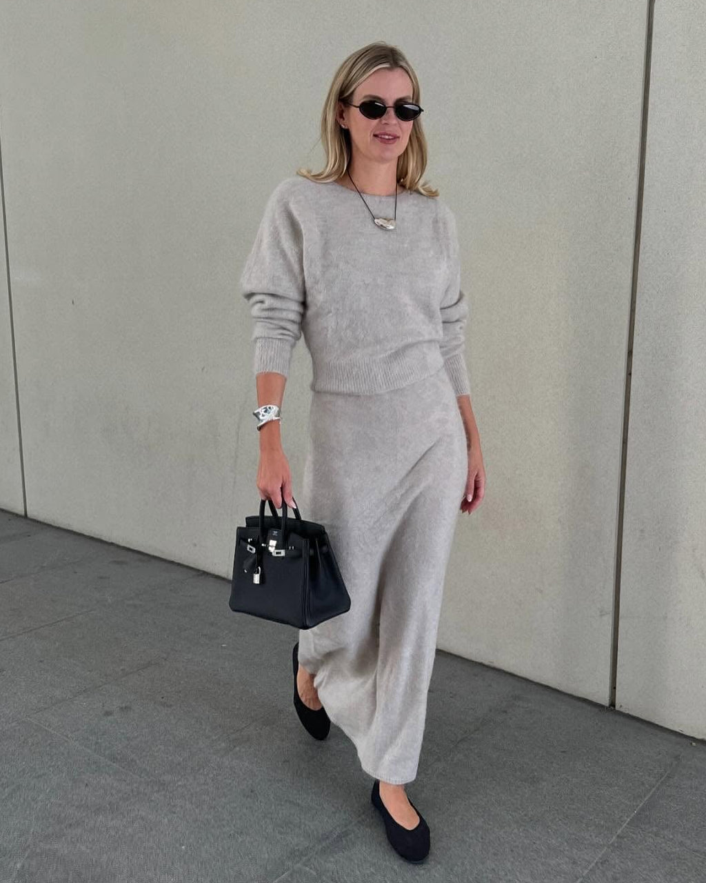 almada label Beige 2-piece 100% Cashmere Brushed Cashmere Jumper And Maxi Skirt Set UK M