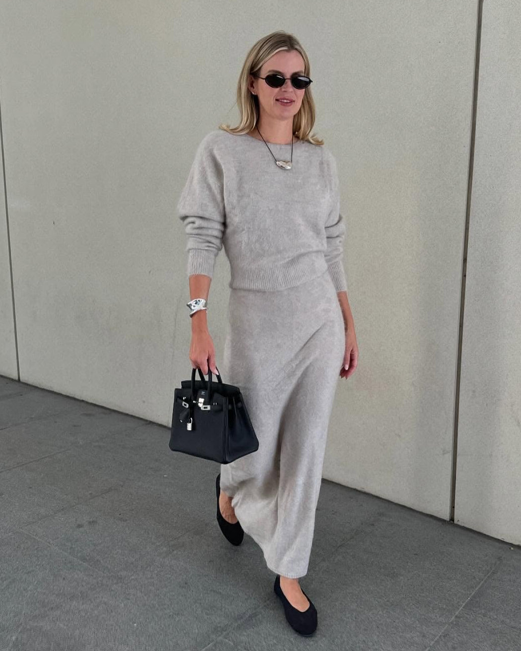 almada label Beige 2-piece 100% Cashmere Brushed Cashmere Jumper And Maxi Skirt Set UK M