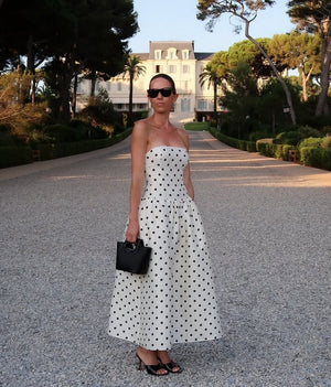 SELF PORTRAIT Cream / Black Bandeau Polka Dot Taffeta Midi Dress UK 8
