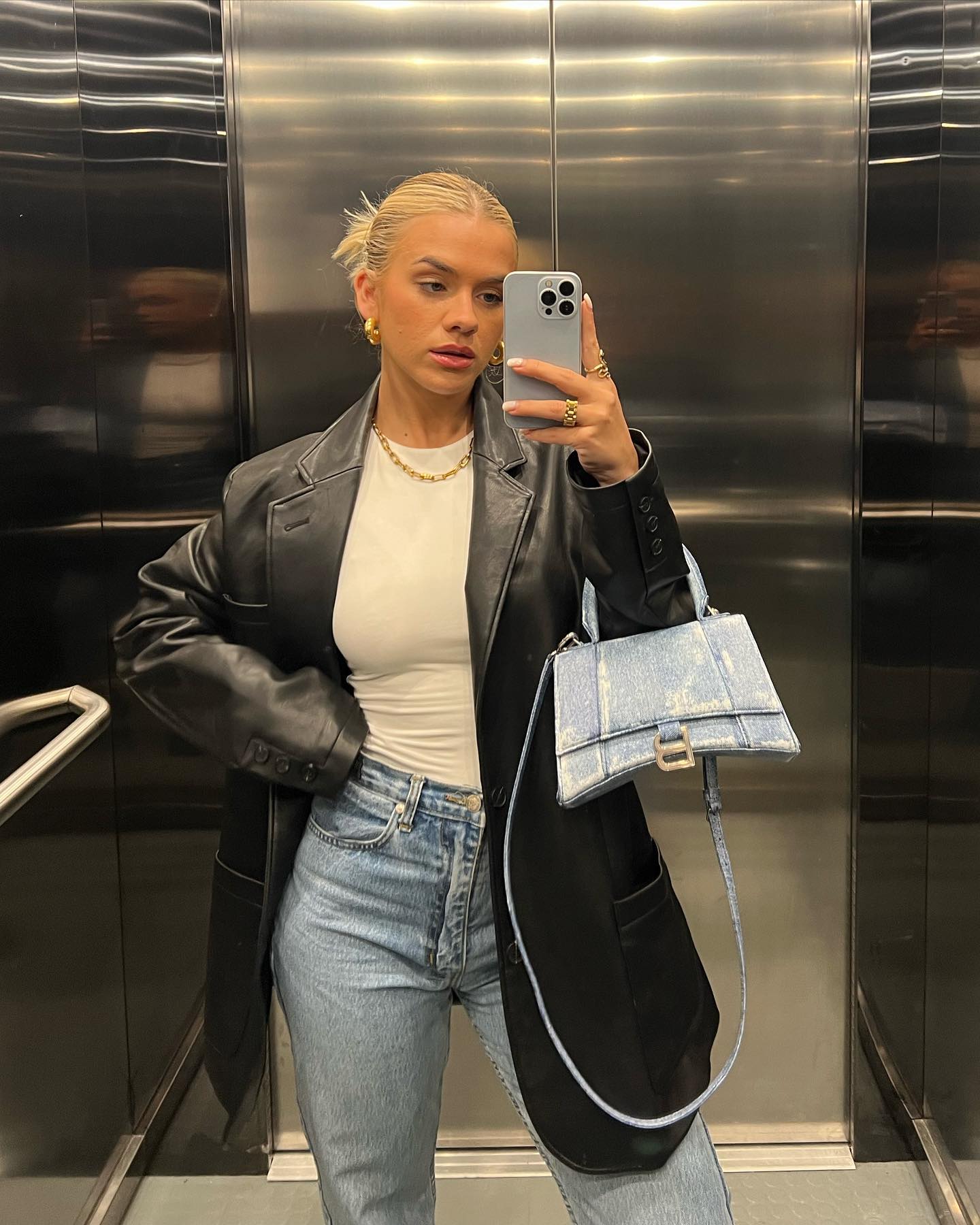 Balenciaga Blue Hourglass Denim-print Leather Bag