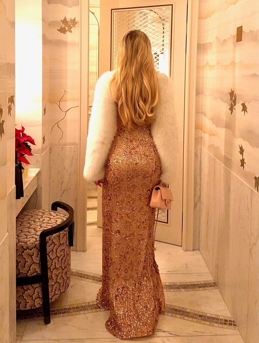 OH POLLY Metallic Solenna Embellished Bandeau-neck Strapless Gown In Rose Gold UK 6