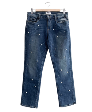 PAIGE Blue Pearl Studded Mid Rise Relaxed Straight Leg Brigitte Jeans W26