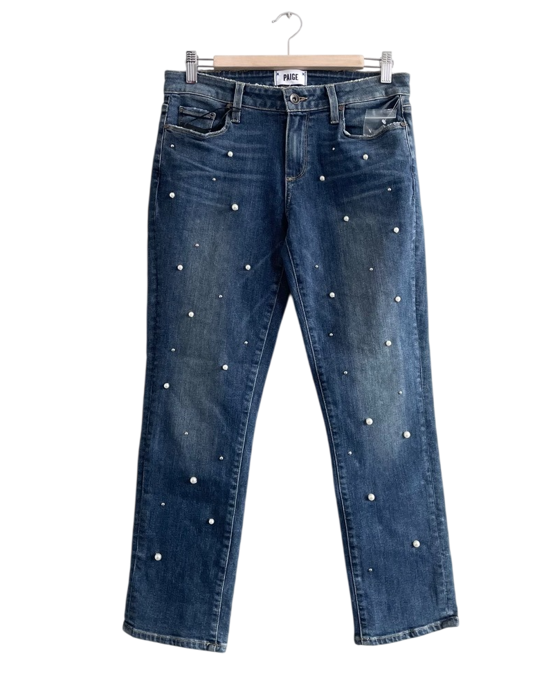 PAIGE Blue Pearl Studded Mid Rise Relaxed Straight Leg Brigitte Jeans W26