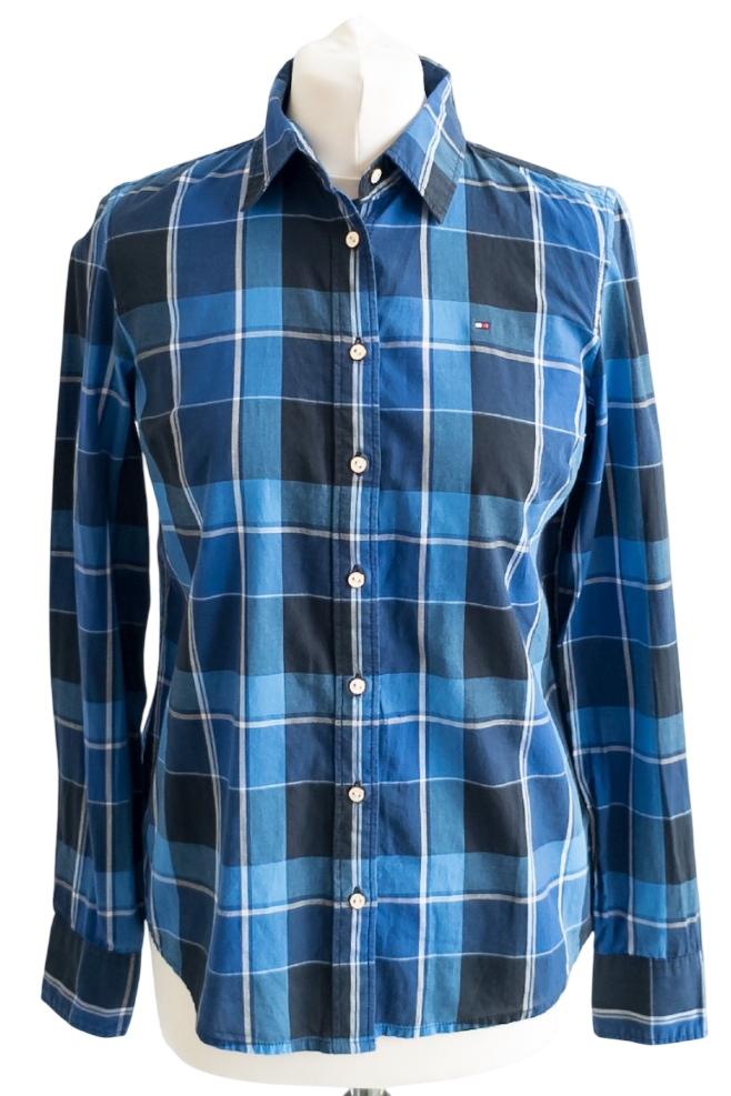Tommy Hilfiger Blue Long Sleeved Checked Button Up Flag Logo Shirt UK XS