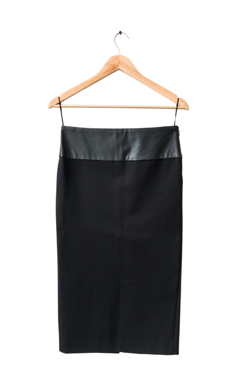 Maje Black high waisted pencil skirt with faux leather waistband UK 8