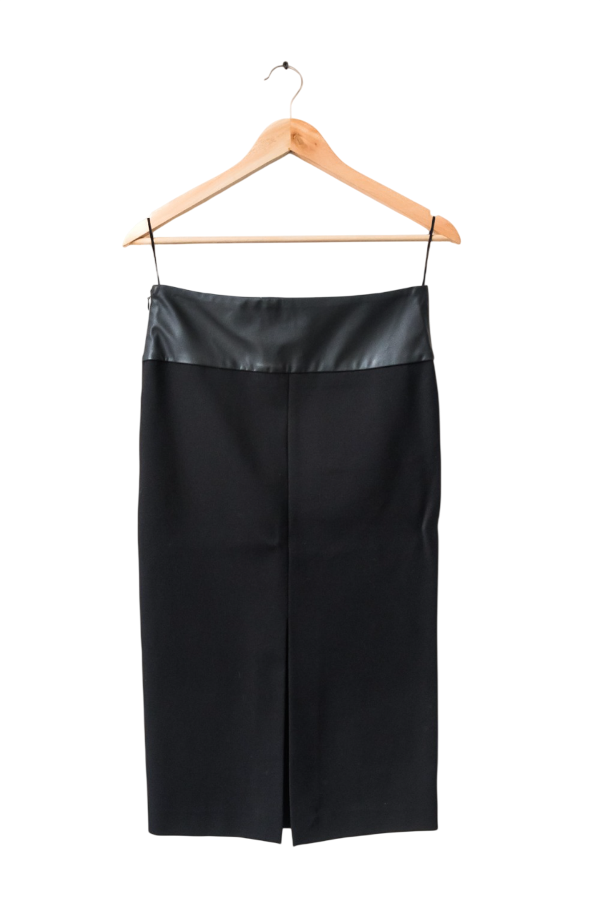Maje Black high waisted pencil skirt with faux leather waistband UK 8
