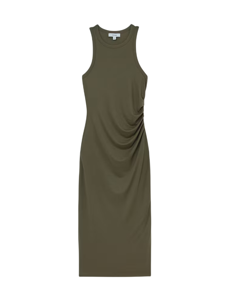 REISS Lola Jersey Ruched Racer Midi Dress In Khaki Green UK XS