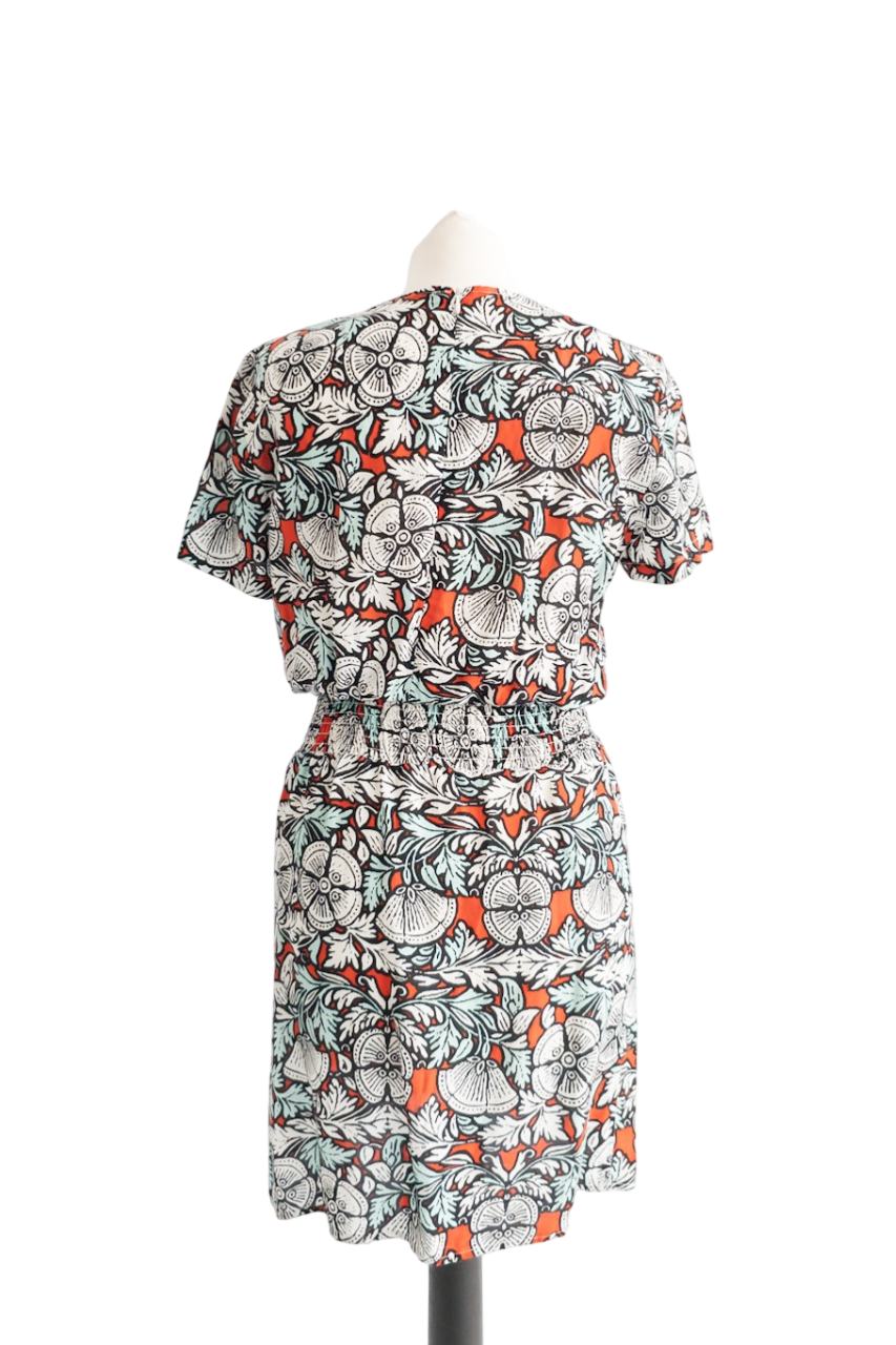 Maje Multicolour Linen/Viscose blend Relia Smocked Waist Printed Mini Dress SZ2 UK 10