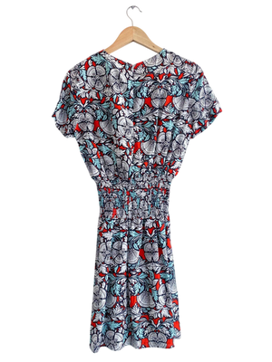 Maje Multicolour Linen/Viscose blend Relia Smocked Waist Printed Mini Dress SZ2 UK 10