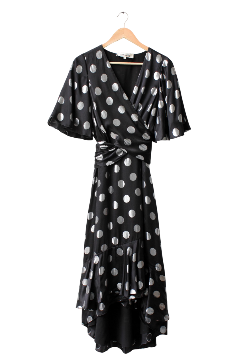 Diane von Furstenberg Black Silk Polka Dot Tie Front Dress UK 14 / 16