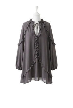 Topshop Grey Frill Trapeze Long Sleeve Mini Dress UK 10