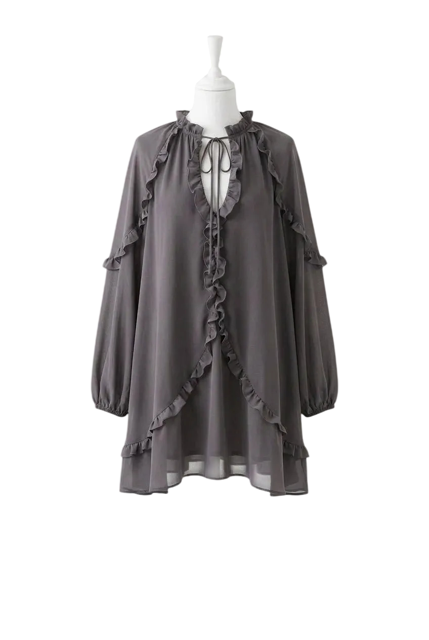 Topshop Grey Frill Trapeze Long Sleeve Mini Dress UK 10